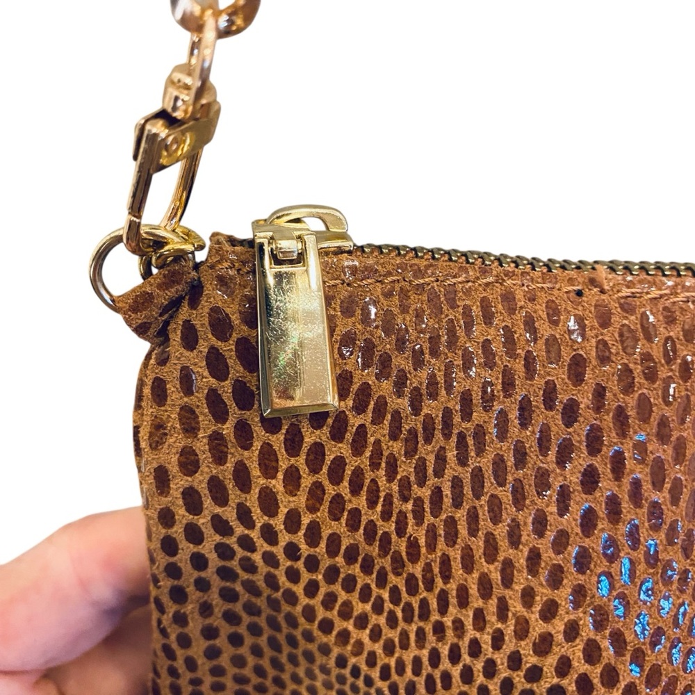 Brown Leather Snakeskin Embossed Purse with Tassels and Gold Chain - Picture 6 of 11